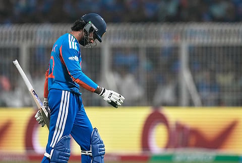 India's Tilak Varma leaves the ground after losing his wicket during the T20 World Cup cricket match between India and West Indies in Kolkata.