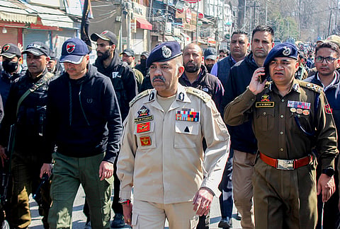 Jammu and Kashmir Police Director General Nalin Prabhat with other officials, visits the Ghanta Ghar area in view of the protests against the alleged killing of Iran's Supreme Leader Ali Khamenei in US-Israel strikes, in Srinagar.