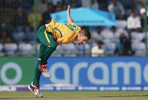 South Africa's Anrich Nortje bowls a delivery during the T20 World Cup cricket match between South Africa and Zimbabwe in New Delhi.