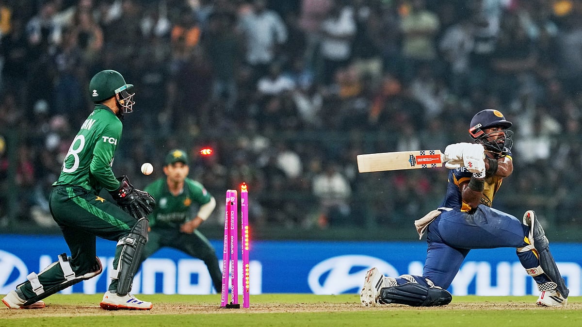 (AP Photo/Eranga Jayawardena) : Sri Lanka's Charith Asalanka is bowled out by Pakistan's Abrar Ahmed during the T20 World Cup cricket match between Pakistan and Sri Lanka in Pallekele, Sri Lanka, Saturday, Feb. 28, 2026.