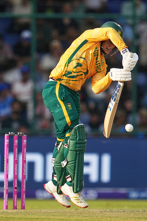 South Africa's Ryan Rickelton plays a shot during the T20 World Cup cricket match between South Africa and Zimbabwe in New Delhi.