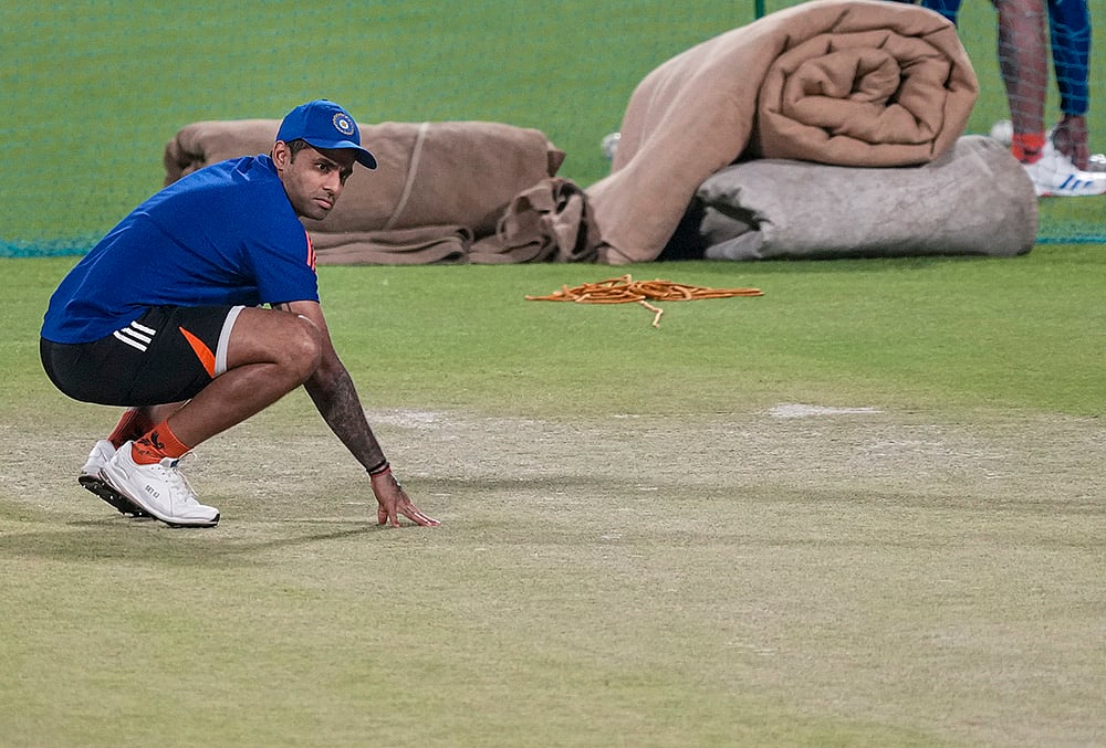 | Photo: PTI/Swapan Mahapatra : India's captain Suryakumar Yadav inspects the pitch during a practice session ahead of an ICC Men's T20 World Cup 2026 cricket match between India and West Indies, at the Eden Gardens, in Kolkata, West Bengal.