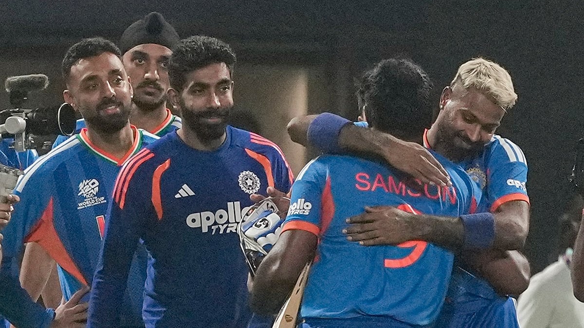 PTI : Sanju Samson celebrates with teammates after helping India win the ICC T20 World Cup 2026 match against West Indies, at the Eden Gardens, in Kolkata.