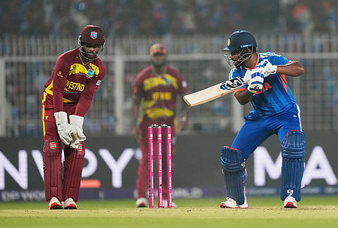 India's Sanju Samson plays a shot during the T20 World Cup cricket match between India and West Indies in Kolkata.