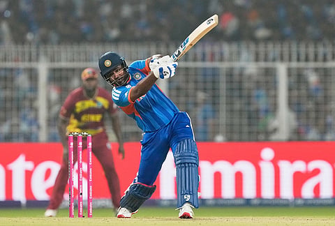 India's Sanju Samson plays a shot during the T20 World Cup cricket match between India and West Indies in Kolkata.