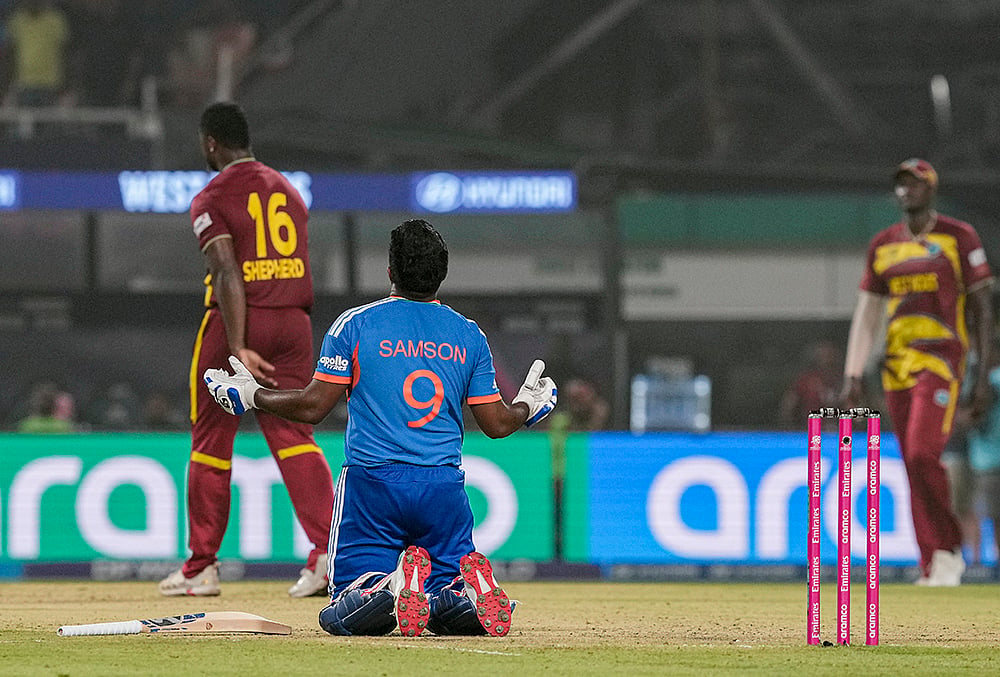 | Photo: PTI/Manvender Vashist Lav : India's Sanju Samson, 9, reacts after winning in the ICC Men's T20 World Cup 2026 cricket match between India and West Indies, at the Eden Gardens, in Kolkata, West Bengal.