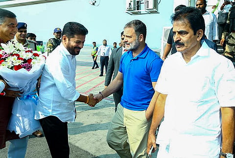 LoP in the Lok Sabha Rahul Gandhi, centre, is being received by Telangana Chief Minister Revanth Reddy, left, upon his arrival, at Shamshabad Airport, in Telangana. Congress MP KC Venugopal is also seen. 