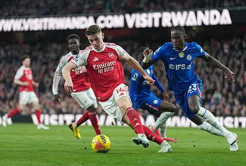 Chelsea's Trevoh Chalobah runs after Arsenal's Viktor Gyoekeres during the Premier League soccer match between Chelsea Arsenal in London.
