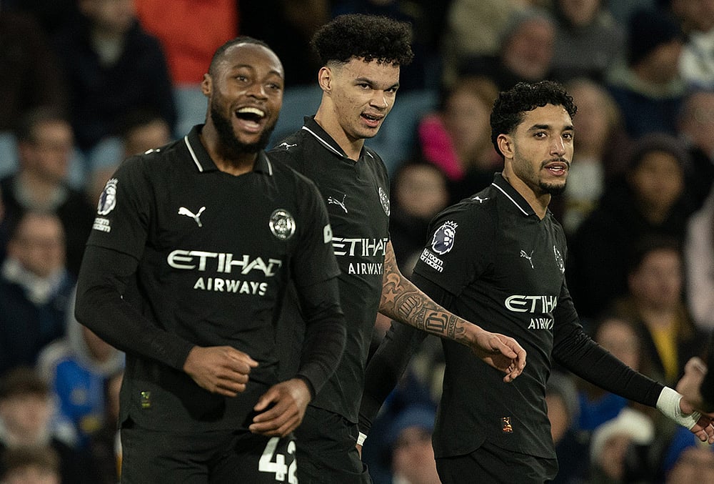 | Photo: AP/Ian Hodgson : Manchester City's Antoine Semenyo, left, reacts after scoring during the Premier League soccer match between Leeds United and Manchester City in Leeds, England.