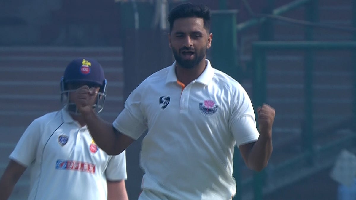 | Photo: X/BCCIdomestic : File photo of Jammu and Kashmir pacer Auqib Nabi in action in Ranji Trophy.