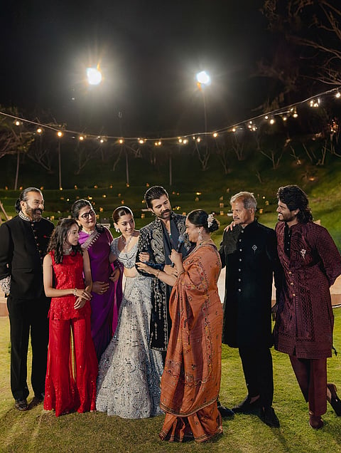 Vijay and Rashmika with their families at the Sangeet night.
