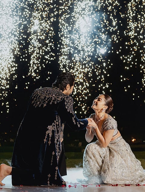 For the night, Rashmika and Vijay wore customised outfits from the designer duo Falguni Shane Peacock India.