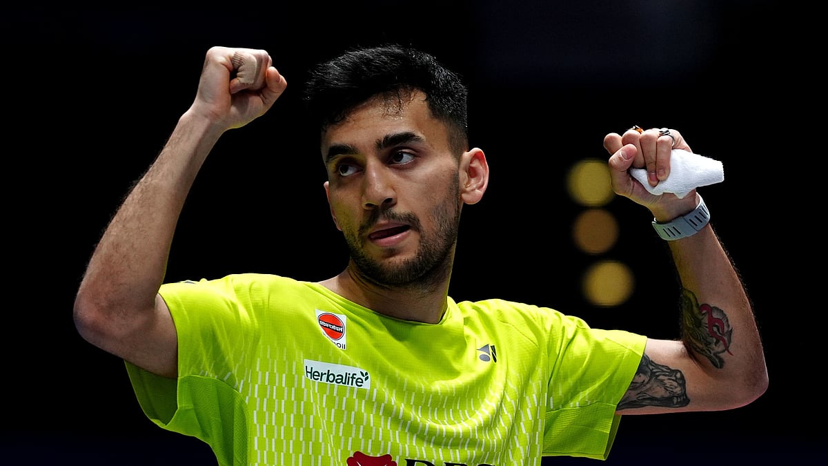  (Bradley Collyer/PA via AP) : India's Lakshya Sen celebrates winning his men's singles match against China's Shi Yuqi on day one of the All England Open Badminton Championships in Birmingham, England, Tuesday, March 3, 2026.