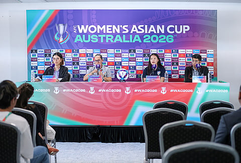 India head coach Amelia Valverde and captain Sweety Devi Ngangbam with the Vietnam head coach and captain in the pre-match press conference of the AFC Women's Asian Cup in Perth on March 3, 2026.