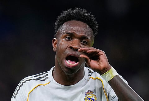 Real Madrid's Vinicius Junior reacts during a Spanish La Liga soccer match between Real Madrid and Getafe in Madrid, Spain.
