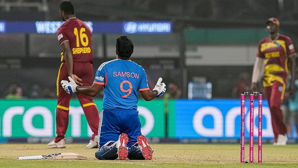 | Photo: PTI/Manvender Vashist Lav : India's Sanju Samson, 9, reacts after winning in the ICC Men's T20 World Cup 2026 cricket match between India and West Indies, at the Eden Gardens, in Kolkata, West Bengal.