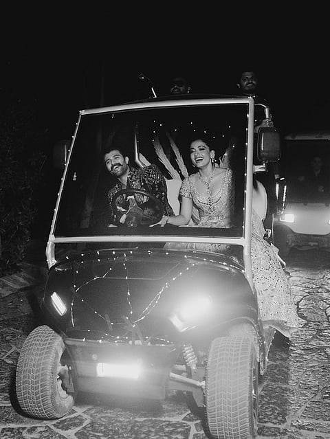 The couple arrived in a vintage car for the glittery night.