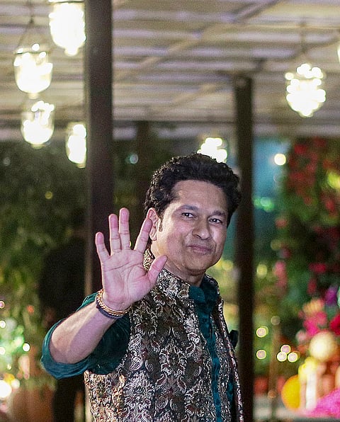 Mumbai: Cricket legend Sachin Tendulkar during the 'mehendi and sangeet' ceremony of his son Arjun Tendulkar and Saniya Chandok, in Mumbai.