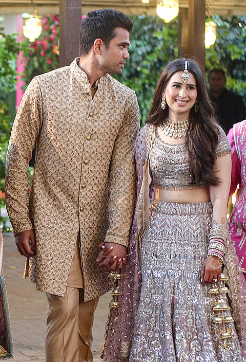 Cricketer Arjun Tendulkar and Saaniya Chandhok during their mehendi and sangeet ceremony, in Mumbai.
