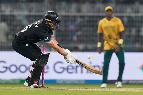 New Zealand's Finn Allen plays a shot during the first T20 World Cup cricket semifinal match between New Zealand and South Africa in Kolkata.