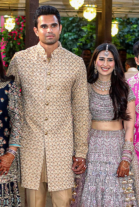 Cricketer Arjun Tendulkar and Saaniya Chandhok during their mehendi and sangeet ceremony, in Mumbai.