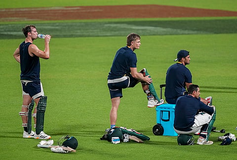 South Africa's players during a training session ahead of the ICC Men's T20 World Cup 2026 first semifinal cricket match between New Zealand and South Africa, at Eden Gardens, in Kolkata.