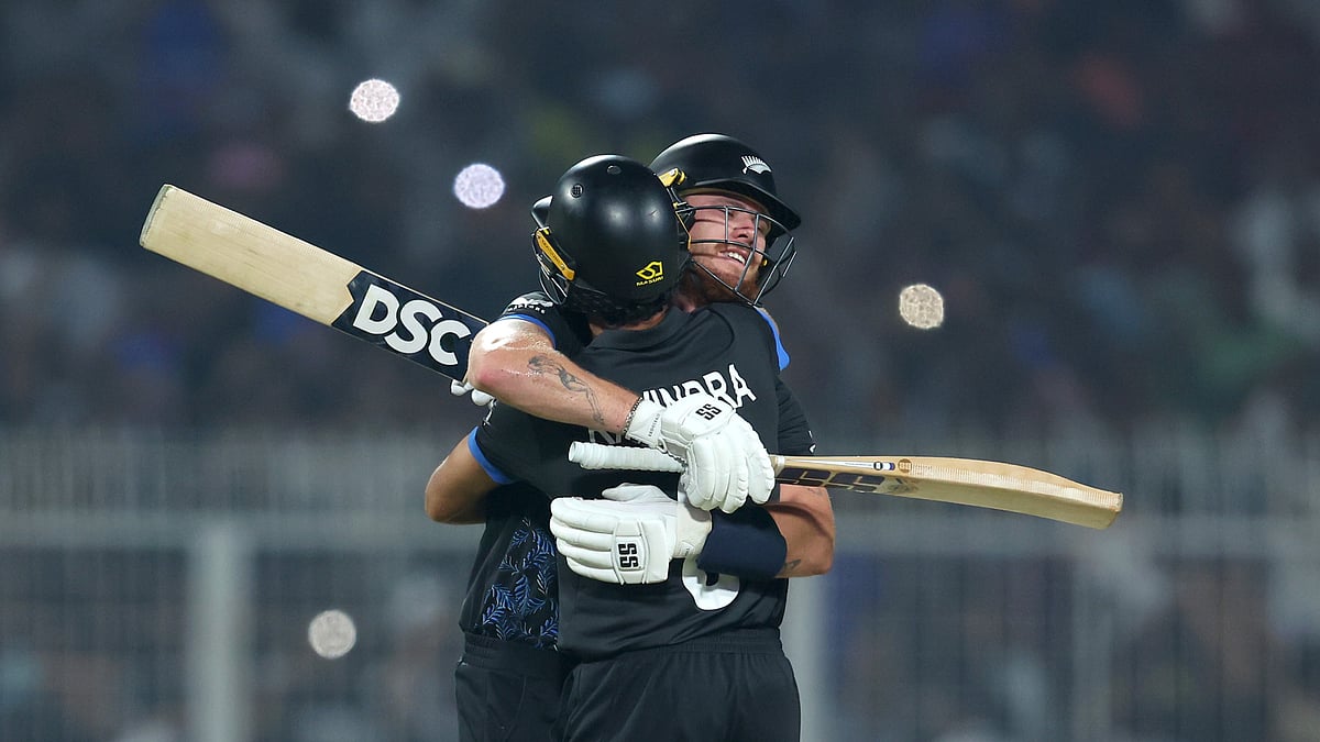 T20WorldCup/X : Finn Allen celebrating with Rachin Ravindra after scoring century in South Africa vs New Zealand ICC T20 World Cup 2026 semi-final at Kolkata. 
