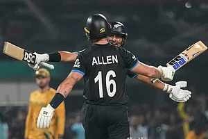 | Photo: AP/Anupam Nath : New Zealand's Rachin Ravindra with his batting partner Finn Allen, celebrates after winning against South Africa during the first T20 World Cup cricket semifinal match in Kolkata.