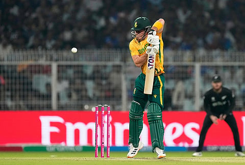 South Africa's Dewald Brevis plays a shot during the first T20 World Cup cricket semifinal match between New Zealand and South Africa in Kolkata.