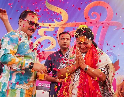 Delhi Chief Minister Rekha Gupta and Delhi BJP President Virendra Sachdeva celebrate the Holi festival at the latter's residence, in New Delhi. 