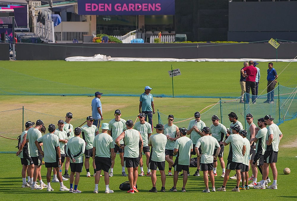 | Photo: PTI/Manvender Vashist Lav : New Zealand's players during a training session ahead of the ICC Men's T20 World Cup 2026 first semifinal cricket match between New Zealand and South Africa, at Eden Gardens, in Kolkata.