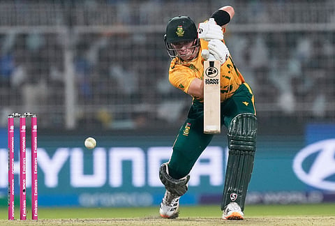 South Africa's Tristan Stubbs bats during the first T20 World Cup cricket semifinal match between New Zealand and South Africa in Kolkata.