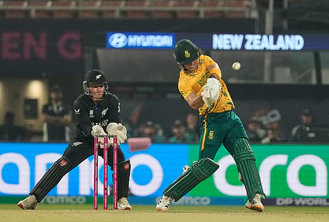 South Africa's Dewald Brevis hits a six during the first T20 World Cup cricket semifinal match between New Zealand and South Africa in Kolkata.