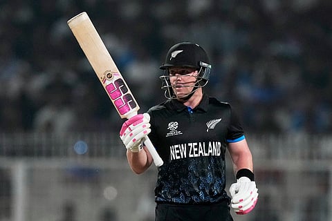 New Zealand's Tim Seifert celebrates his fifty runs during the first T20 World Cup cricket semifinal match between New Zealand and South Africa in Kolkata.