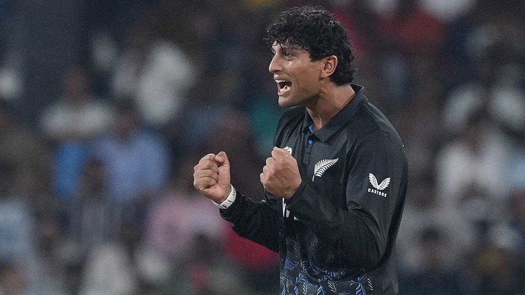 AP : New Zealand's Rachin Ravindra celebrates the wicket of England's Sam Curran during their T20 World Cup match in Colombo.