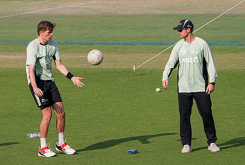 New Zealand's Cole McConchie, left, and Lockie Ferguson during a training session ahead of the ICC Men's T20 World Cup 2026 first semifinal cricket match between New Zealand and South Africa, at Eden Gardens, in Kolkata.
