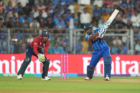 India's Sanju Samson plays a shot during the T20 World Cup cricket semi-final match between India and England in Mumbai, India.