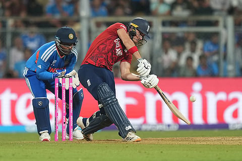 England's Jacob Bethell plays a shot during the T20 World Cup cricket semi-final match between India and England in Mumbai, India.