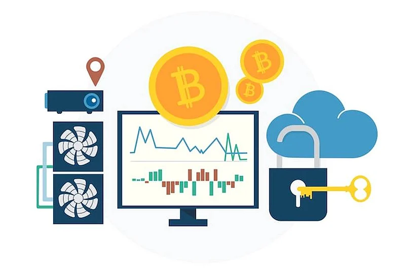 Illustration of Bitcoin mining setup with charts, coins, and cloud security icon