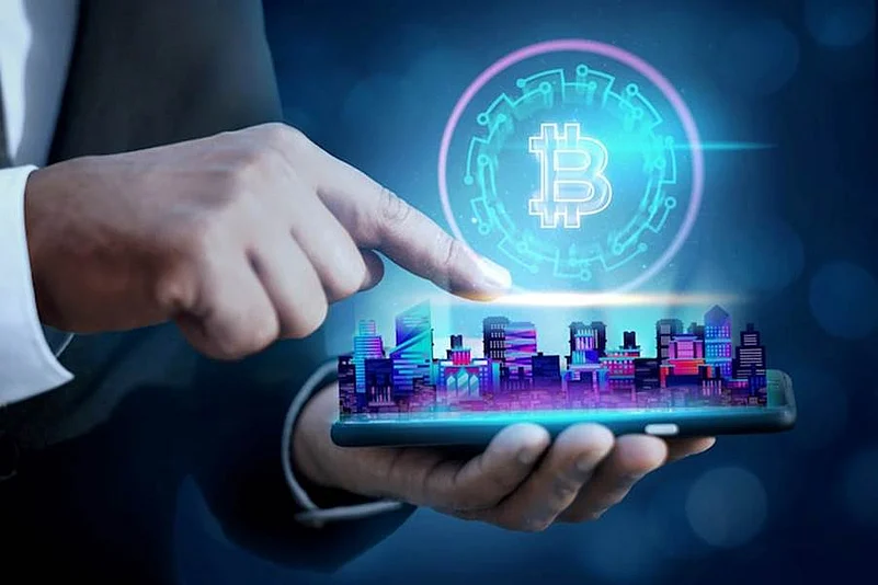 Bitcoin logo glowing above a digital smart city