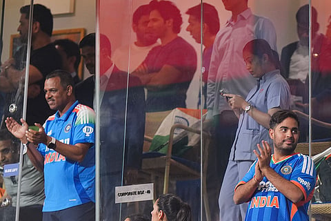 Businessman Akash Ambani, right, during the ICC Men's T20 World Cup 2026 second semifinal cricket match between India and England, at the Wankhede Stadium, in Mumbai, Maharashtra.