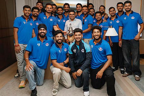 In this image posted on March 5, 2026, International Cricket Council (ICC) Chairman Jay Shah meets the Jammu & Kashmir cricket team members after they won the Ranji Trophy 2025-26 final match.