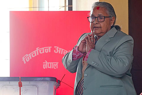 In this image posted on March 5, 2026, Nepal’s Interim Prime Minister Sushila Karki casts her vote in the Nepal general elections, in Kathmandu, Nepal.