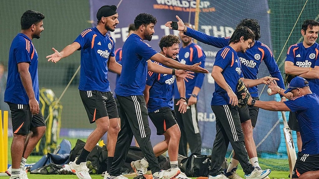 | Photo: PTI/Kunal Patil : India's players during a training session ahead of the ICC Men's T20 World Cup 2026 semi-final cricket match between India and England, in Mumbai.
