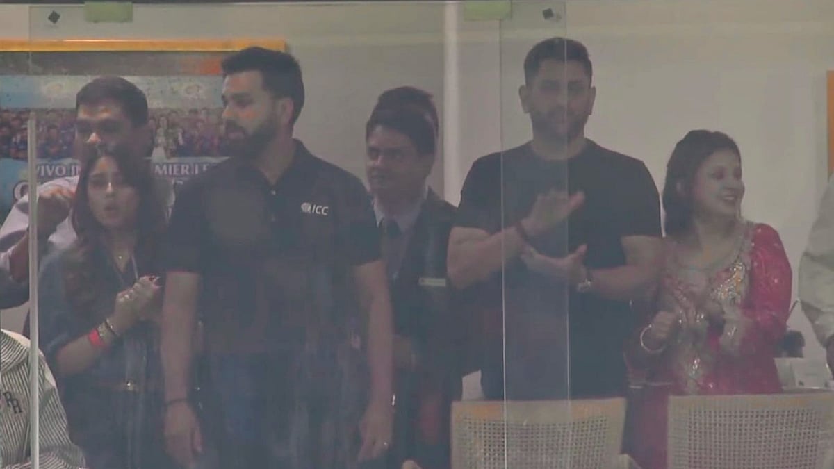 Screengrab/Star Sports : Rohit Sharma and MS Dhoni with their wives watching over the ICC T20 World Cup 2026 2nd semi-final between India and England at the Wankhede Stadium in Mumbai