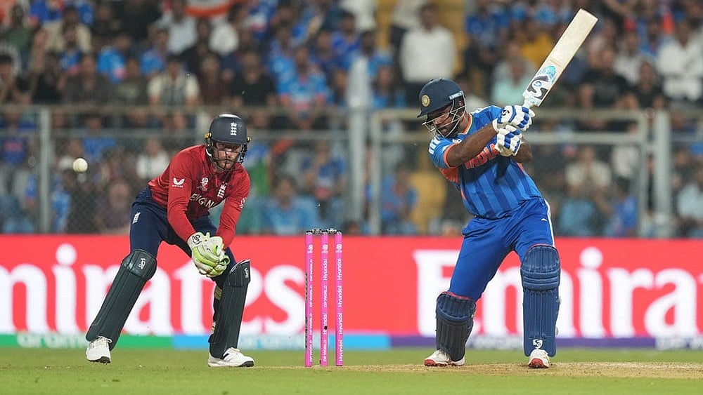| Photo: AP/Rafiq Maqbool : India's Sanju Samson plays a shot during the T20 World Cup cricket semi-final match between India and England in Mumbai, India.