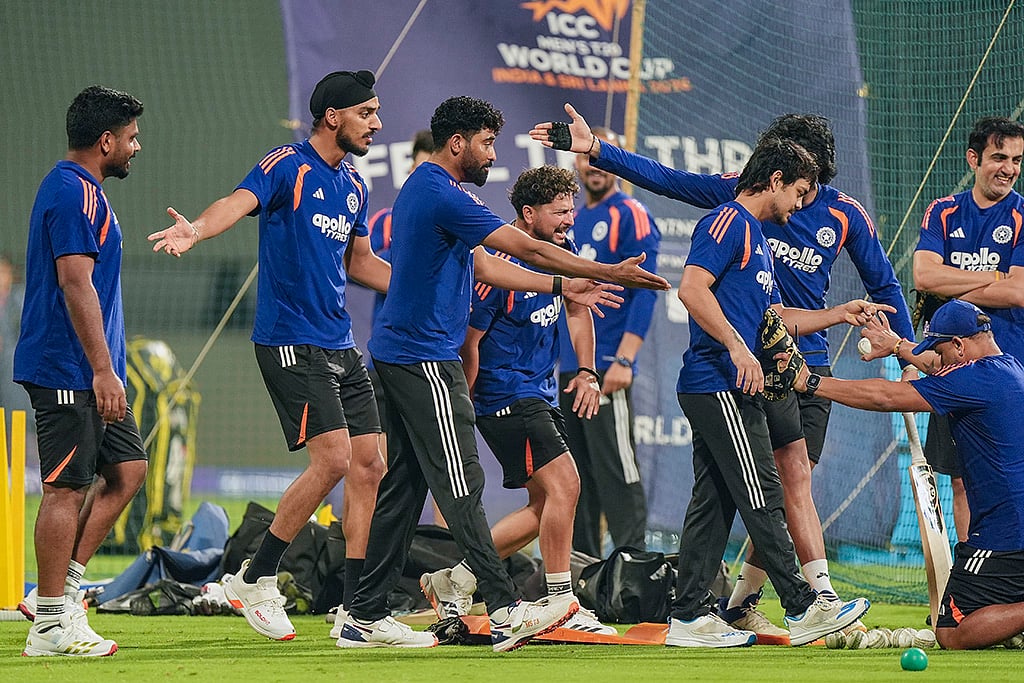 | Photo: PTI/Kunal Patil : India's players during a training session ahead of the ICC Men's T20 World Cup 2026 semi-final cricket match between India and England, in Mumbai.