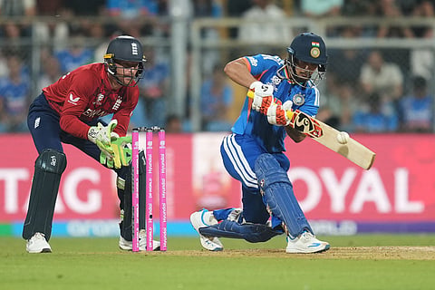 India's Ishan Kishan plays a shot during the T20 World Cup cricket semi-final match between India and England in Mumbai, India.