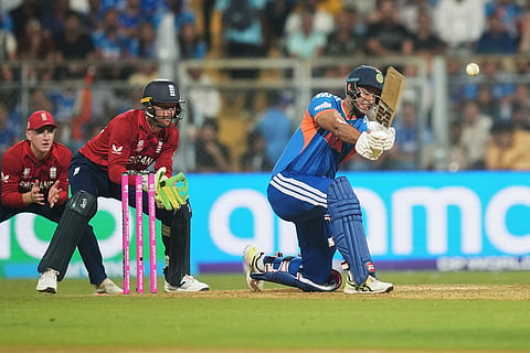 India's Shivam Dube plays a shot during the T20 World Cup cricket semi-final match between India and England in Mumbai, India.