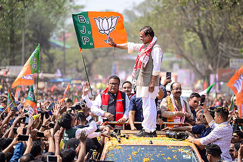 In this image posted on March 5, 2026, Assam Chief Minister Himanta Biswa Sarma during his Jan Ashirwad Yatra ahead of the Assam Assembly elections, in Dhemaji, Assam.